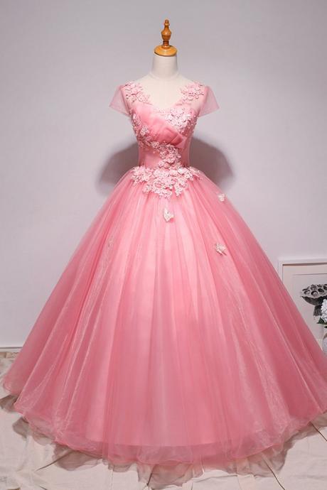 Pink Tulle Lace Cap Sleeve Long Customize A Line Prom Dress, Formal Dress