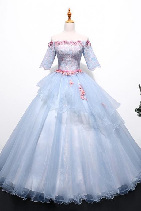 Light Blue Tulle Lace Top Strapless Long Prom Dress, Quinceanera Dress With Sleeve
