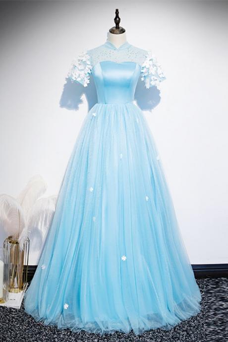 Fresh Blue Tulle Satin Short Sleeve Long Senior Prom Dress, Formal Dress
