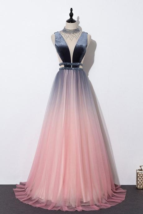 Unique Pink Tulle Long O Neck Beaded Prom Dress, Evening Dress
