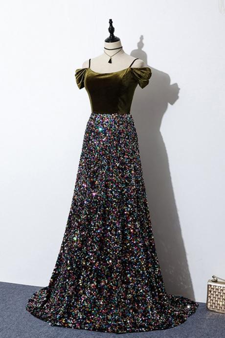 Pretty Colorful Sequins Long Velvet A Line Prom Dress, Evening Dress