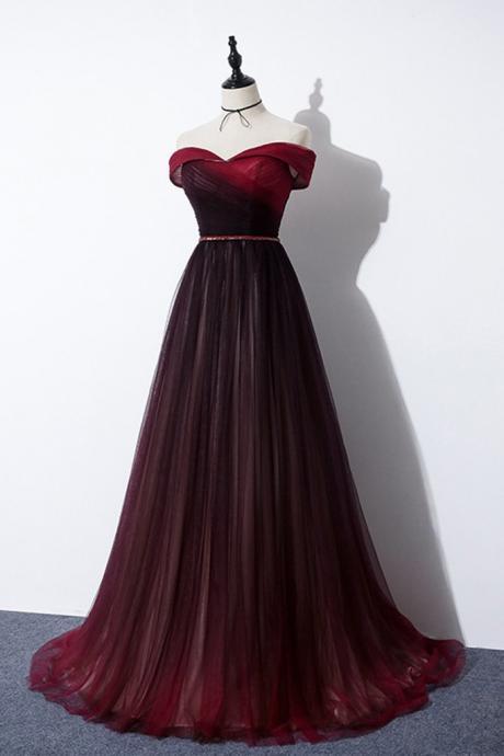 Burgundy Tulle Off Shoulder Long Strapless Prom Dress, Evening Dress