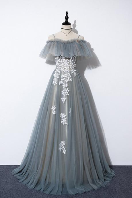Design Blue Gray Tulle Off Shoulder Long Lace Up Prom Dress, Formal Dress