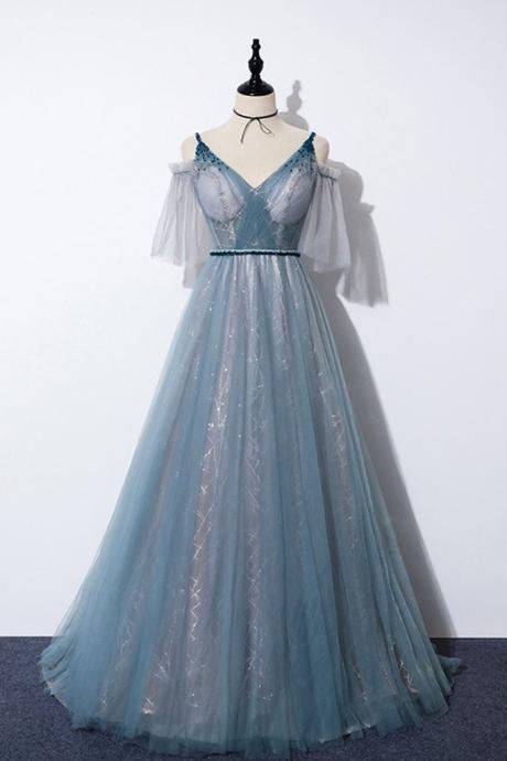 Blue Tulle V Neck Long Customize A Line Beaded Prom Dress With Mid Sleeve