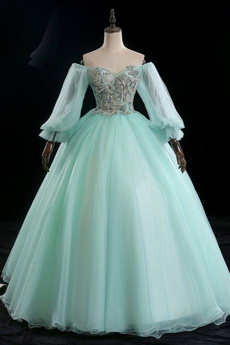 Green Tulle Off Shoulder Long Puffy Sleeve Formal Prom Dress With Lace Applique