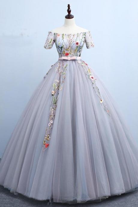 Grey Embroidery Tulle Off Shoulder Floor Length Formal Prom Dress With Bowknot