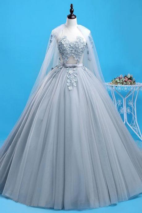2021 Grey Tulle Tulle Lace Long Formal Prom Dress With Lace Applique