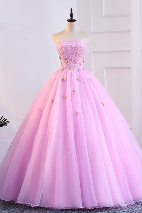 Pink Tulle Sweetheart Neck Long A Line Bead 3d Lace Applique Prom Dress