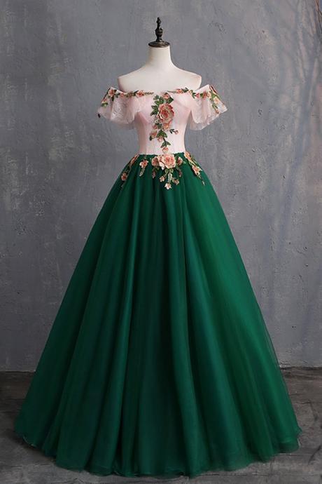 Deep Green Tulle Off Shoulder Long Customize Prom Dress, Evening Dress With Sleeve