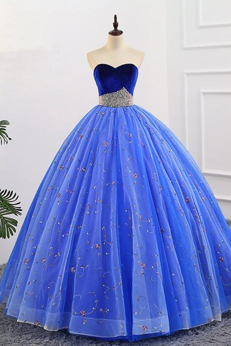 Blue Embroidery Tulle Velvet Top Long Prom Dress, Evening Dress With Pearl