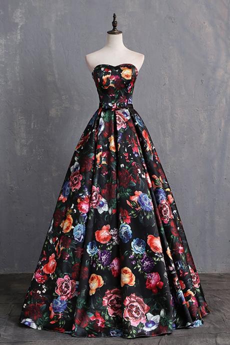 Design Colorful Floral Satin Strapless Long Prom Dress With Bowknot