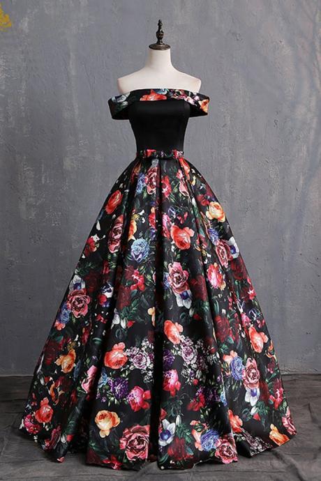 Black Floral Satin Off Shoulder Strapless Long Formal Prom Dress, Evening Dress