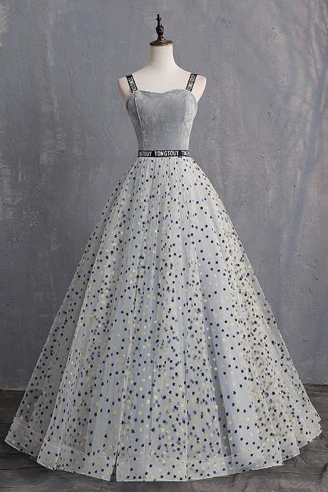 Elegant Gray Star Floral Tulle Sweetheart Neck Long Prom Dress, Evening Dress