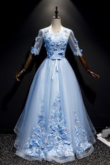 2021 Blue Tulle Mid Sleeve Round Neck Long Formal Prom Dress With Applique