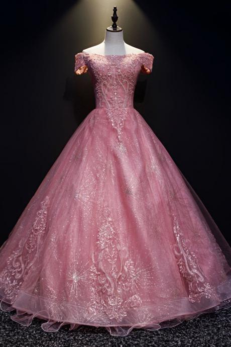 Design Pink Tulle Off Shoulder Strapless Beaded Long Prom Dress, Formal Dress