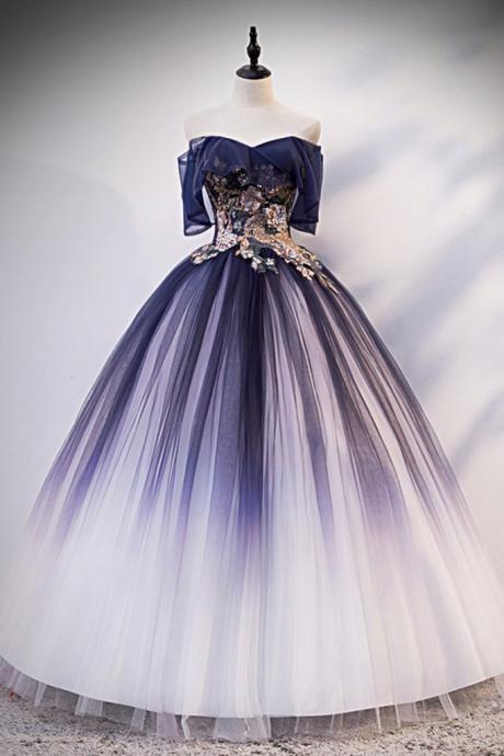 Navy Blue Tulle Off Shoulder Strapless Long Customize Prom Dress With Applique