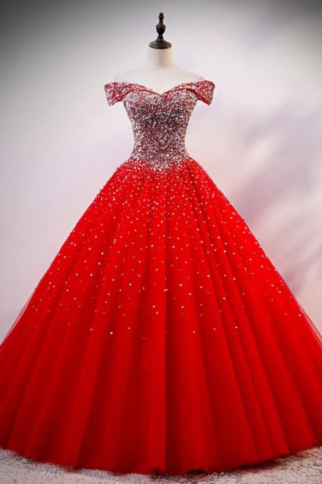 Red Tulle Silver Sequins Off Shoulder Long Prom Dress, Formal Dress