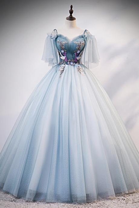 Blue Tulle V Neck Off Shoulder Long Prom Dress, Formal Dress With Applique