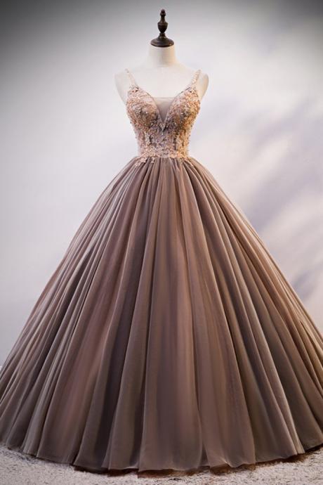 Unique Coffee Tulle Beaded Long Lace Prom Dress, Evening Dress