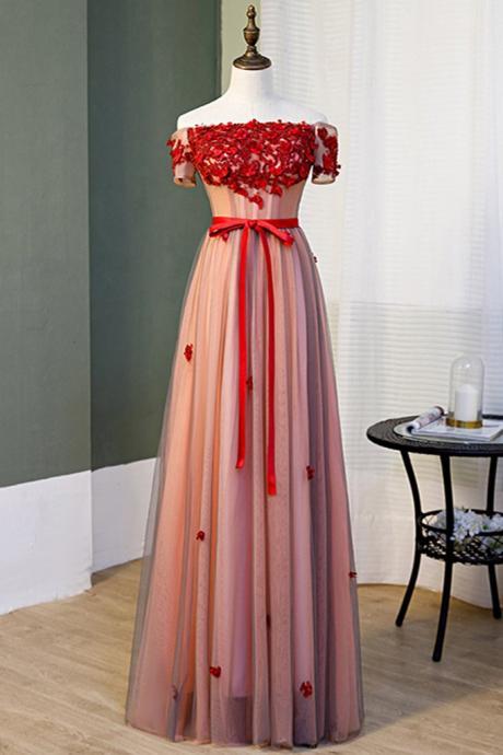 Simple Pink Tulle Red Lace Long Prom Dress With Sleeve