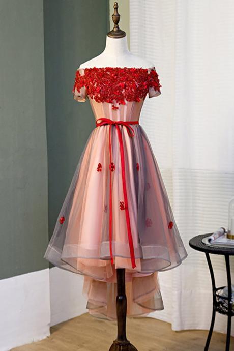 Pink Tulle Strapless High Low Prom Dress, Homecoming Dress With Red Applique