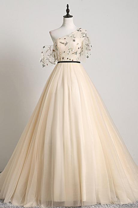 Design Champagne Floral Tulle One Shoulder Floor Length Prom Dress