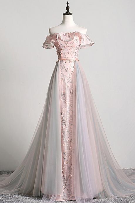 Pink Flower 3d Lace Off Shoulder Long Tulle Senior Prom Dress