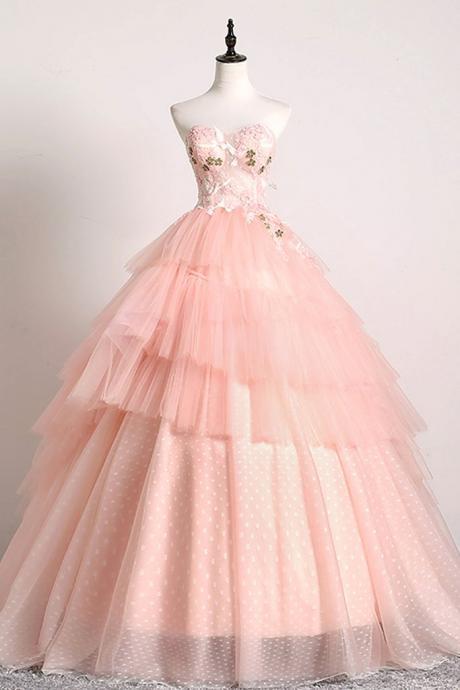 Sweetheart Pink Tulle 3d Lace Multi-layered Ball Gown, Formal Prom Dress