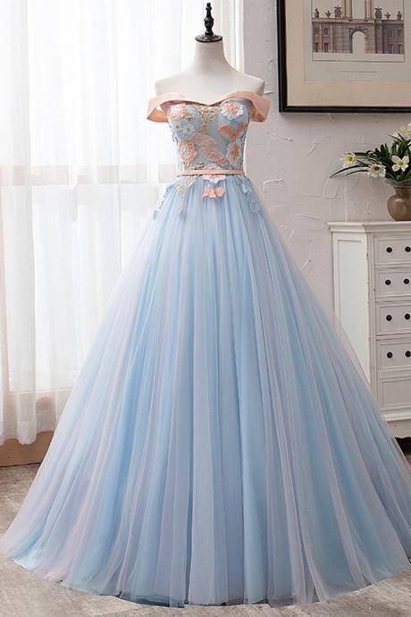 Blue Tulle Embroidery Lace Strapless Long Off Shoulder Prom Dress, Formal Dress