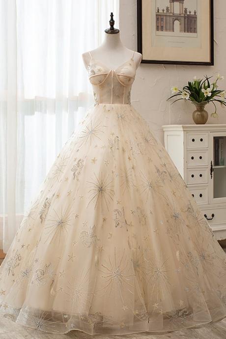 Champagne Embroidery Tulle Corset Spaghetti Straps Long Prom Dress, Evening Dress