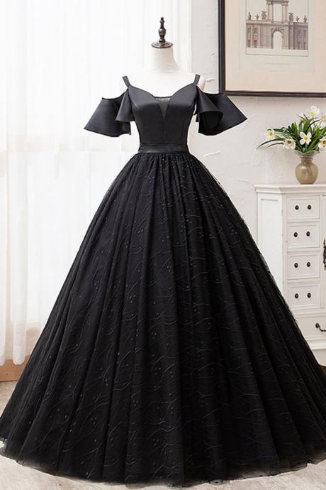 Black Satin Tulle Short Sleeve Long Formal Prom Dress, Graduation Dress
