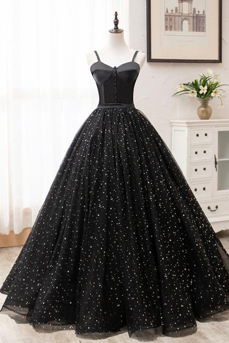 Black Tulle Satin Sweetheart Neck Long Prom Dress, Evening Dress