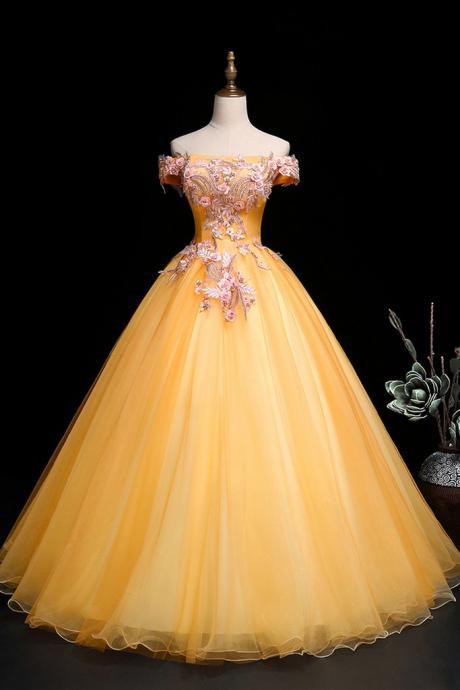 Yellow Tulle Off Shoulder Long Custom Size Senior Prom Dress, Evening Dress