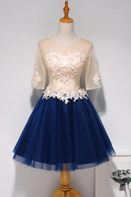 Champagne Tulle Short Navy Blue Tulle Prom Dress, Homecoming Dress