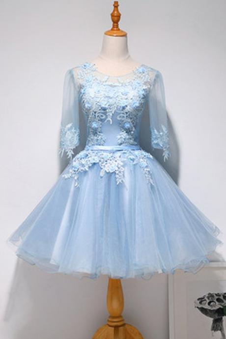 Cute Light Blue Tulle 3d Lace Short Prom Dress, Homecoming Dress With Sleeve