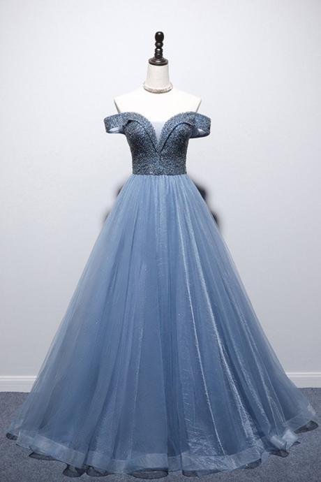 Unique Light Blue Tulle Long Crystal Senior Prom Dress, Formal Dress With Sleeve