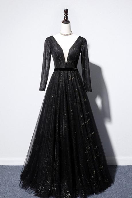 Black Tulle V Neck Long Sequins Formal Prom Dress, Evening Dress With Sleeve