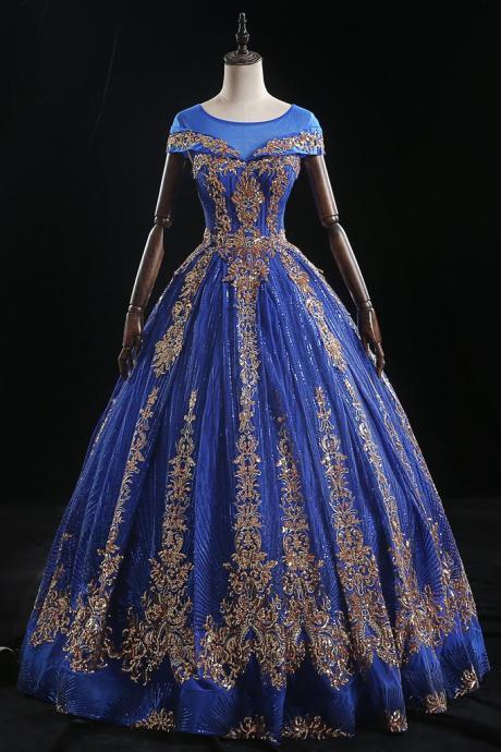 Royal Blue Tulle Cap Sleeve Long Senior Prom Dress, Formal Dress