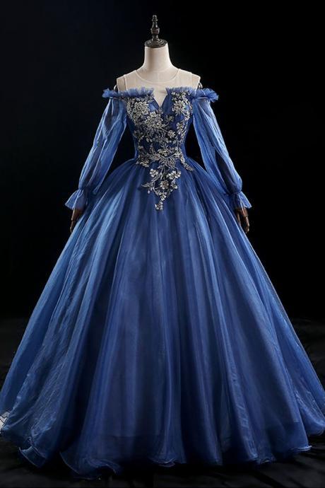 Deep Blue Tulle Lace Applique Long Formal Prom Dress, Evening Dress With Sleeve