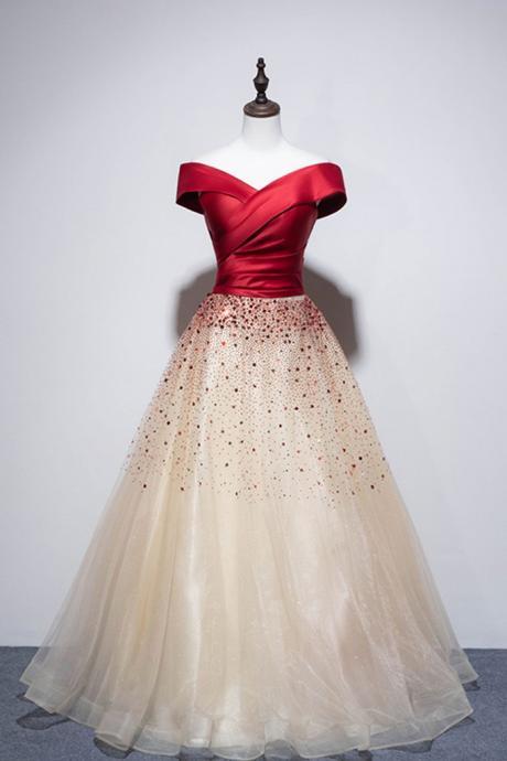 Red Satin V Neck Off Shoulder Long Sequins Prom Dress, Evening Dress