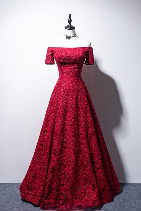 Red Lace Strapless Short Sleeve Long Formal Dress, Prom Dress