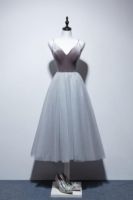 Elegant Gray Velvet Top Tea Length Tulle Prom Dress, Party Dress