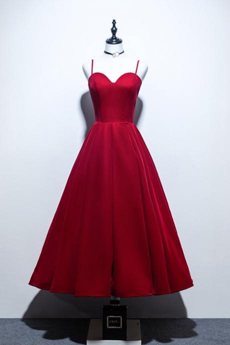 Simple Red Satin Sweetheart Neck Tea Length Prom Dress, Party Dress
