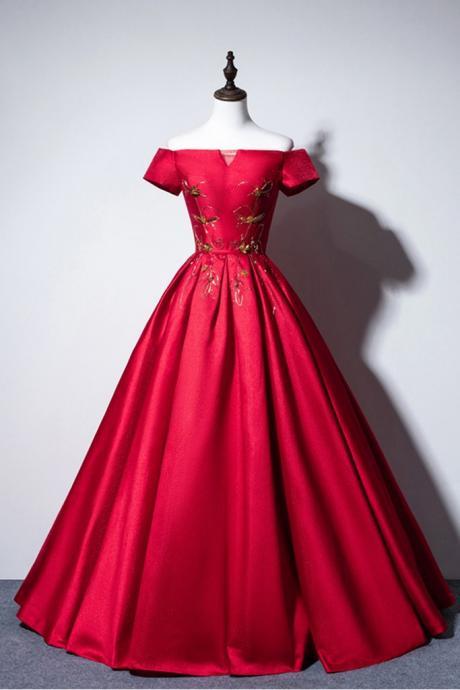 Red Embroidery Satin Strapless Short Sleeve A Line Long Prom Dress, Formal Dress