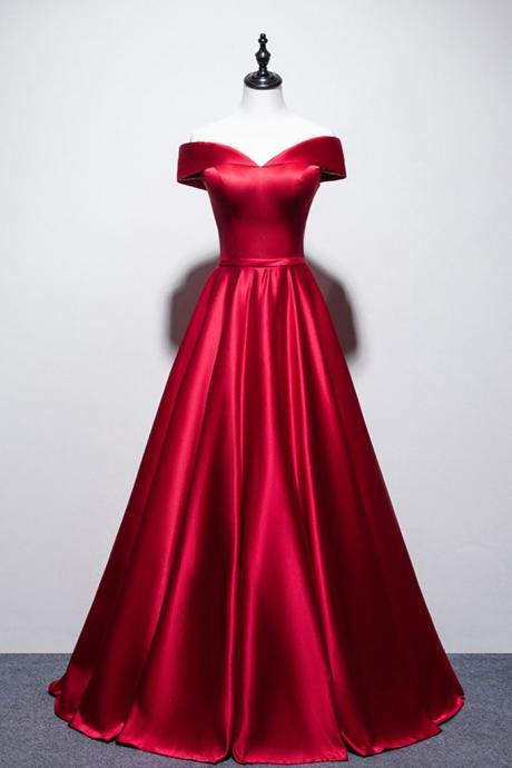 Red Satin Off Shoulder Simple Long Prom Dress With Sleeve