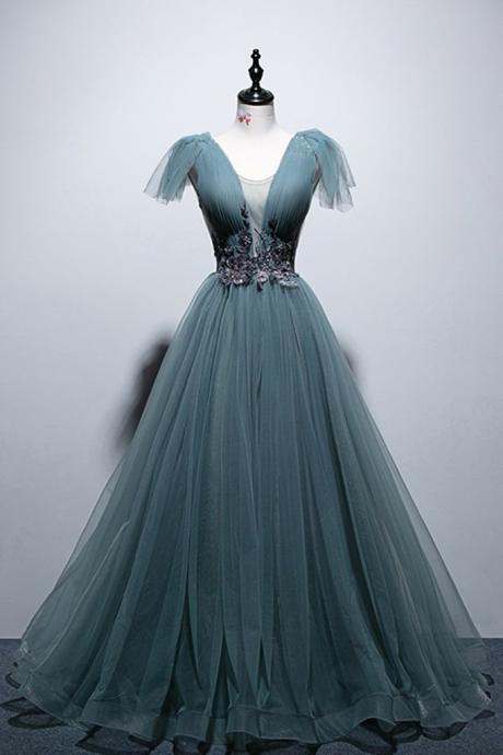 Deep Green Tulle Open Back Cap Sleeve Long Prom Dress, Formal Dress
