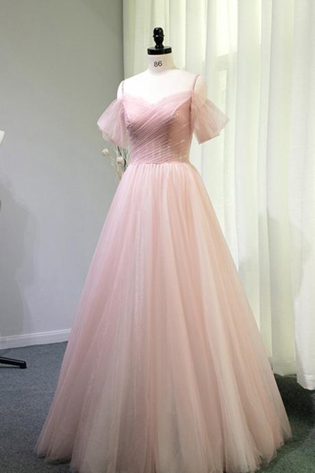 Pink Tulle Sequins Long Sweetheart Prom Dress, Evening Dress