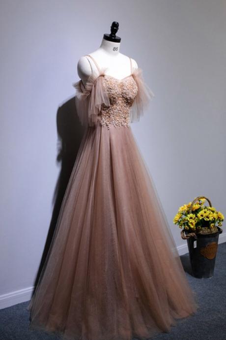 Unique Long Tulle Crystal Beaded Sleeveless Prom Dress, Party Dress