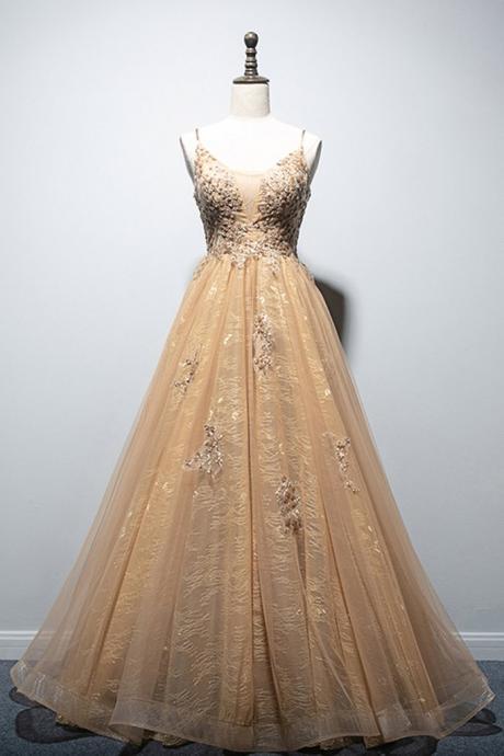 Champagne Lace Spaghetti Straps Floor Length Prom Dress, A Line Evening Dress