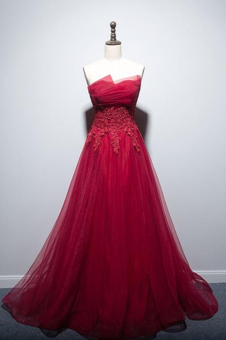 2021 Strapless Burgundy Tulle Long Lace Up Prom Dress, Evening Dress